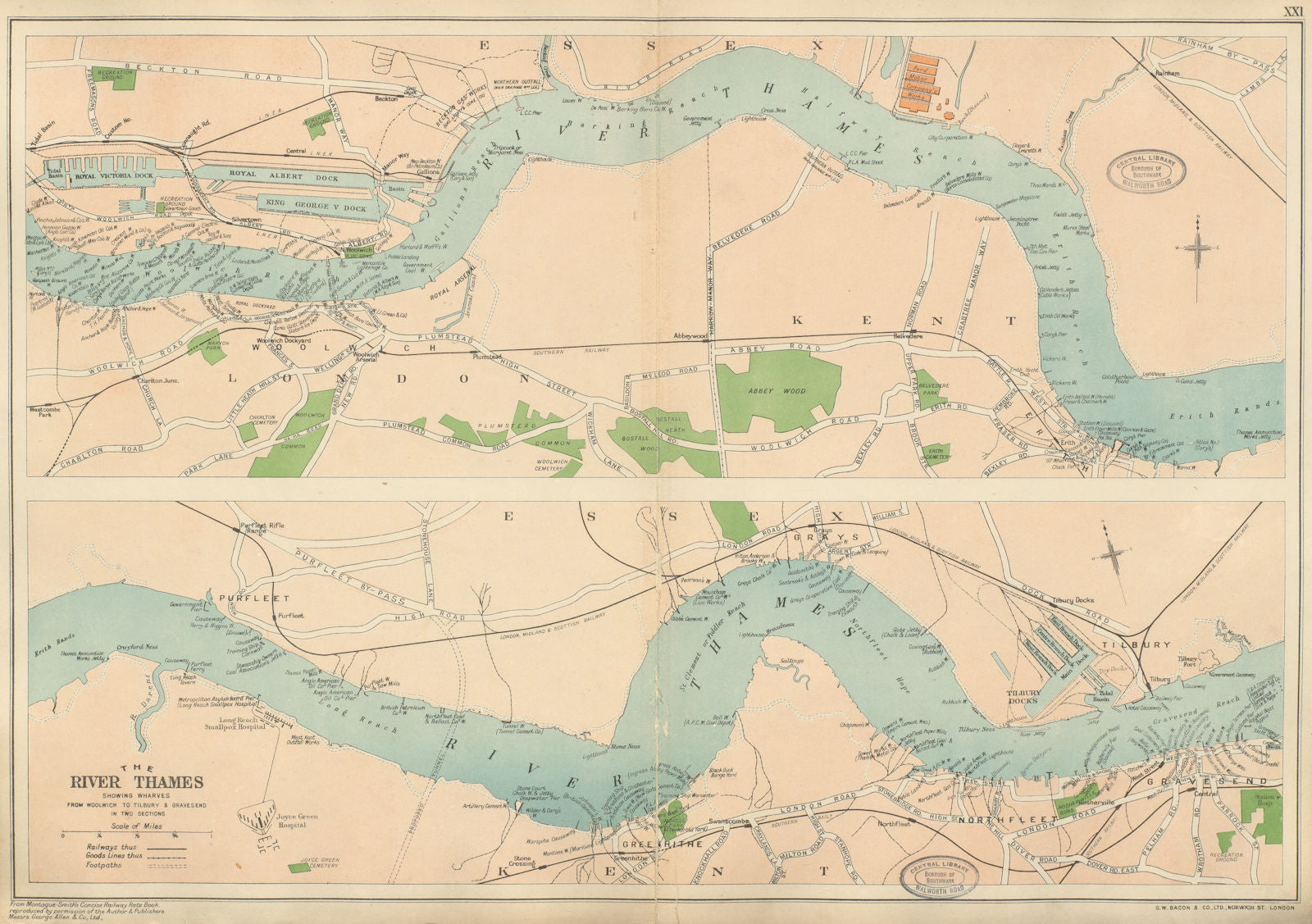 PORT OF LONDON. Wharves/docks. Thames Woolwich-Gravesend/Tilbury. BACON 1934 map